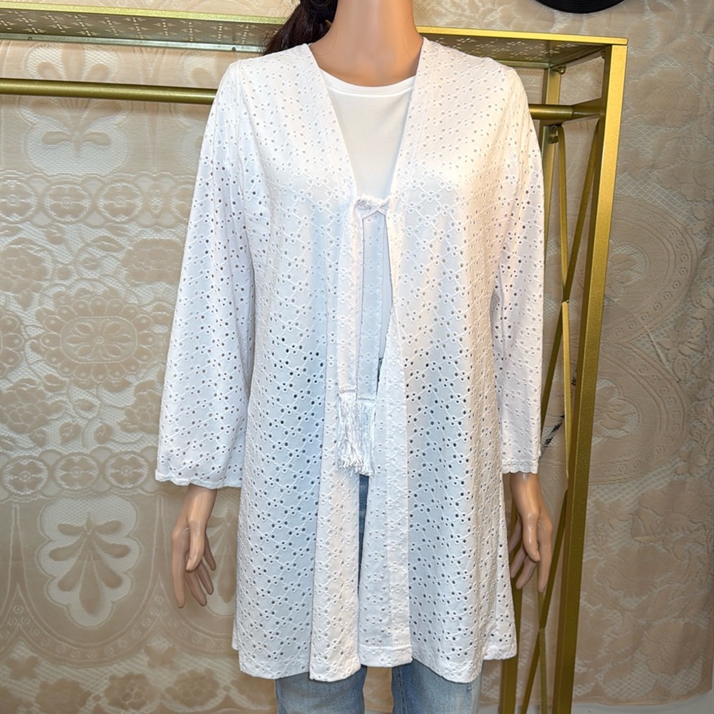 Anna Kay White Eyelet Embroidered Coverup with Tassel Ties – Size M